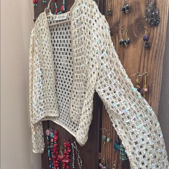 Sequin Mesh Women's Sweater - Cream size S - Picture 3 of 7